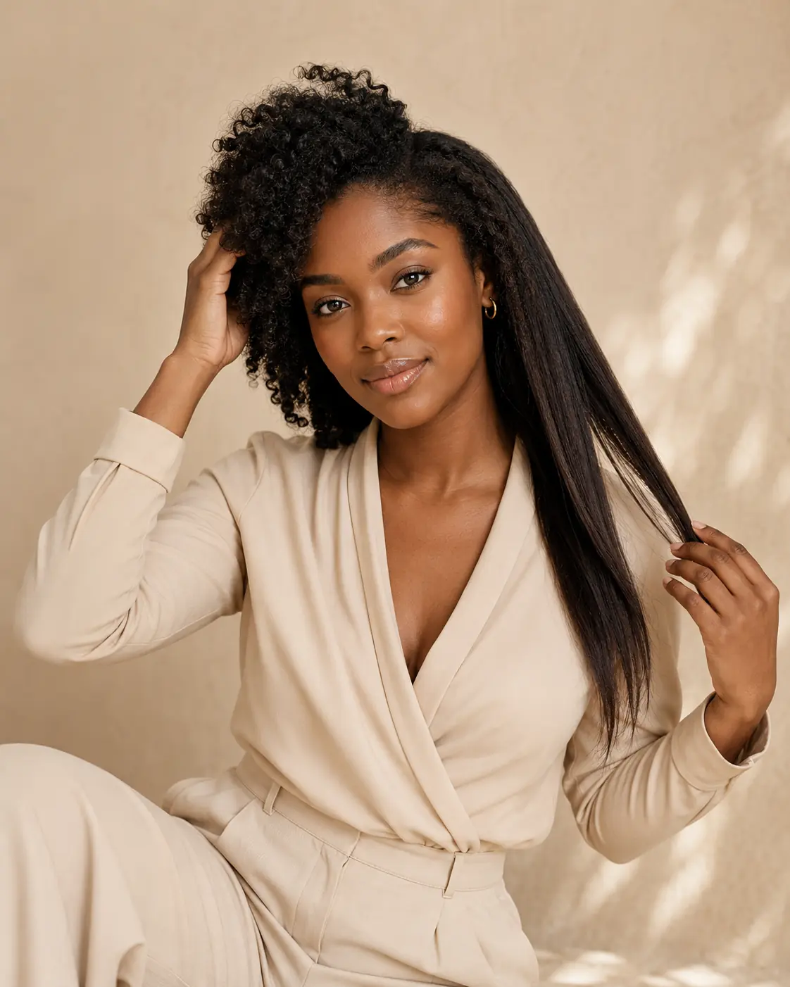 Mulher negra vivendo sua transição capilar, com raiz natural e pontas alisadas